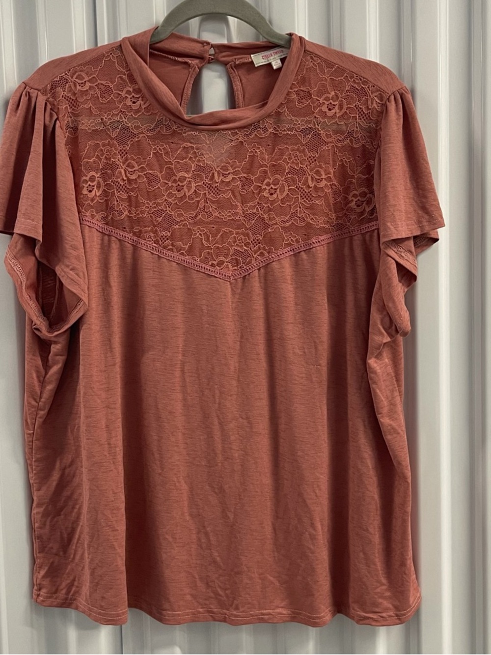 Stella Tweed Lace Yoke Flutter Sleeve Top in Dusty Rose Size 3X